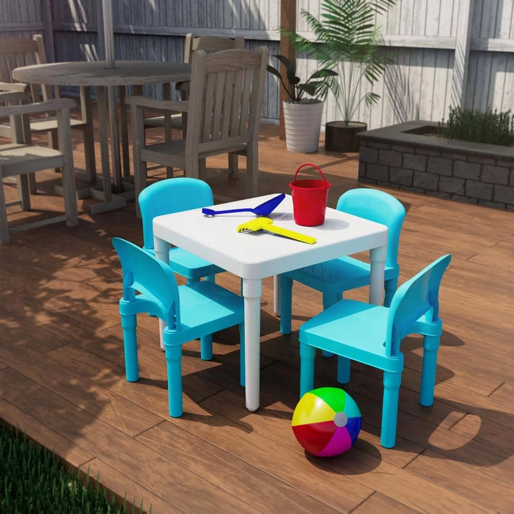 Backyard Blue and White Kids 5-Piece Outdoor Plastic Table and Chair Set by Humble Crew 4 Backyard Blue and White Kids 5-Piece Outdoor Plastic Table and Chair Set by Humble Crew - Image 4