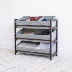 Oslo Dark Pine and Grey Compact Fabric Bin Organizer 3 Small Bins and 2 Large Bins by Humble Crew -Shabby Chic Shop brown and grey humble crew kids storage cubes wo72254 4f 1000