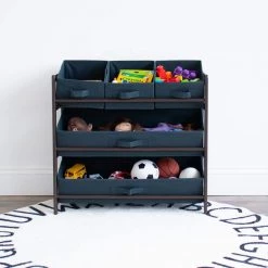 Henry Dark Pine and Navy Compact Fabric Bin Organizer 3 Small Bins and 2 Large Bins by Humble Crew -Shabby Chic Shop brown and navy humble crew kids storage cubes wo72278 c3 1000