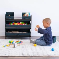 Henry Dark Pine and Navy Compact Fabric Bin Organizer 3 Small Bins and 2 Large Bins by Humble Crew -Shabby Chic Shop brown and navy humble crew kids storage cubes wo72278 fa 1000