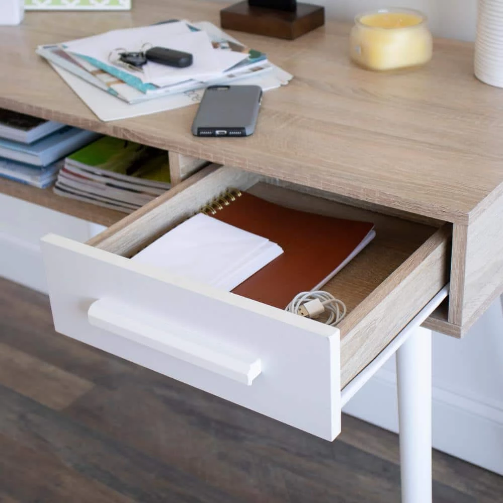 Stockholm Writing Desk with Shelf and Drawer Storage, Light Wood/White by Humble Crew 3 Stockholm Writing Desk with Shelf and Drawer Storage, Light Wood/White by Humble Crew - Image 3
