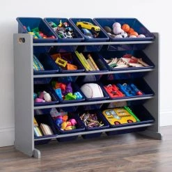 Newport Navy 31"H Engineered Wood Super Sized Toy Storage Organizer with 16 Plastic Storage Bins by Humble Crew
