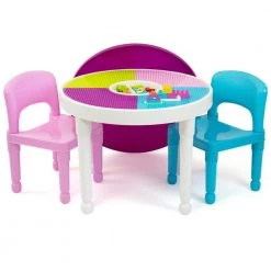 Bright Colors 2-in-1 Plastic Building Block-Compatible Kids Activity Table and 2 Chairs Set by Humble Crew -Shabby Chic Shop white pink purple humble crew kids tables chairs ct642 4f 1000